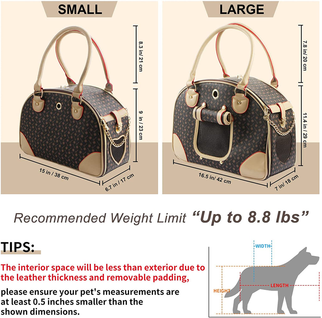 Fashion Dog Carrier PU Leather Dog Handbag Dog Purse Cat Tote Bag Pet Cat Dog Hiking Bag, Brown, Large