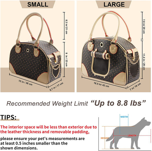 Fashion Dog Carrier PU Leather Dog Handbag Dog Purse Cat Tote Bag Pet Cat Dog Hiking Bag, Brown, Large