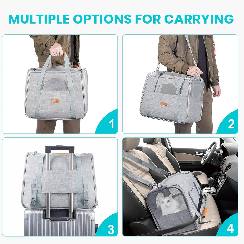 Cat Carrier, Airline Approved Pet Carrier, Portable Dog Bag Carrier, Breathable Small Pet Carrier Travel Cage with Adjustable Shoulder Strap and Pet Bowl Light Grey