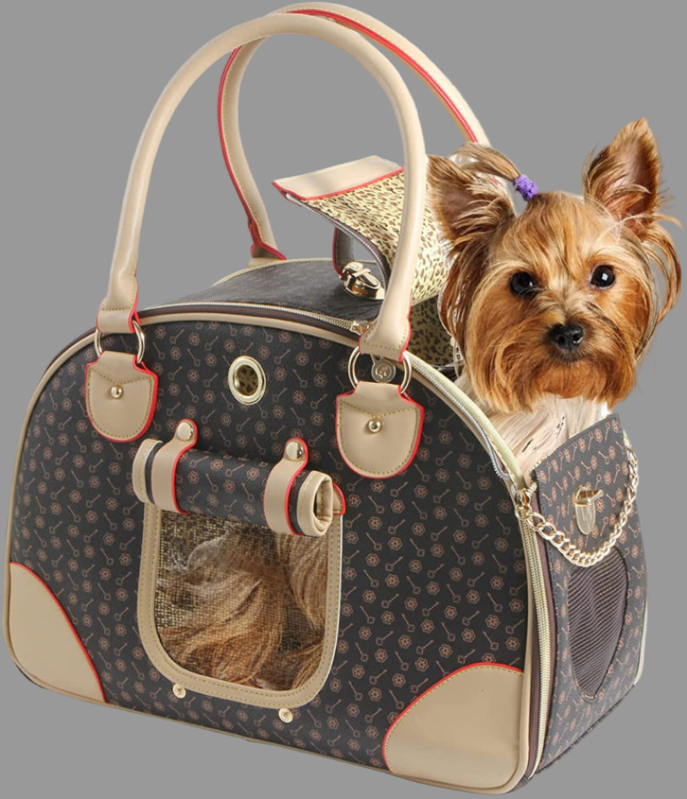 Fashion Dog Carrier PU Leather Dog Handbag Dog Purse Cat Tote Bag Pet Cat Dog Hiking Bag, Brown, Large