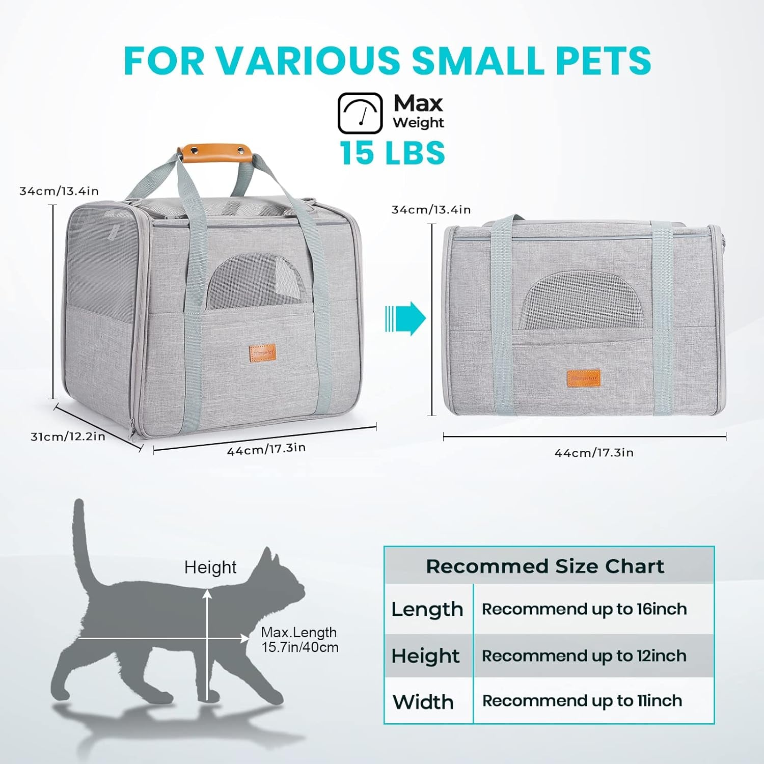 Cat Carrier, Airline Approved Pet Carrier, Portable Dog Bag Carrier, Breathable Small Pet Carrier Travel Cage with Adjustable Shoulder Strap and Pet Bowl Light Grey