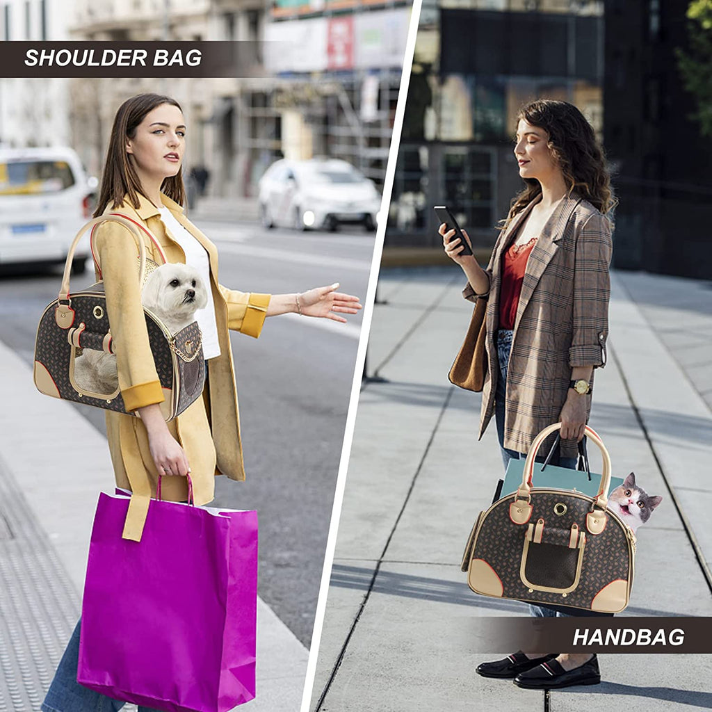 Fashion Dog Carrier PU Leather Dog Handbag Dog Purse Cat Tote Bag Pet Cat Dog Hiking Bag, Brown, Large