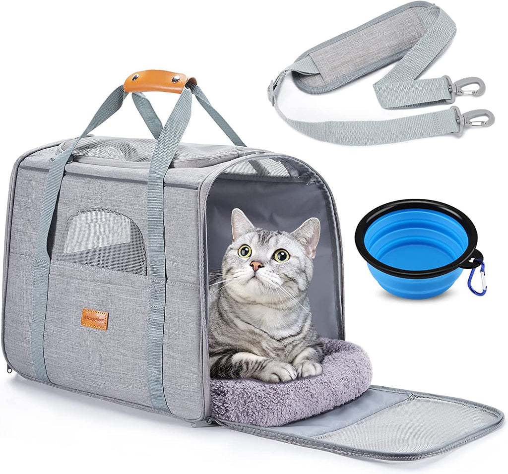 Cat Carrier, Airline Approved Pet Carrier, Portable Dog Bag Carrier, Breathable Small Pet Carrier Travel Cage with Adjustable Shoulder Strap and Pet Bowl Light Grey