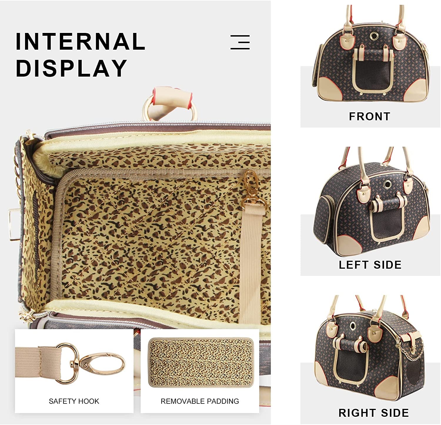 Fashion Dog Carrier PU Leather Dog Handbag Dog Purse Cat Tote Bag Pet Cat Dog Hiking Bag, Brown, Large