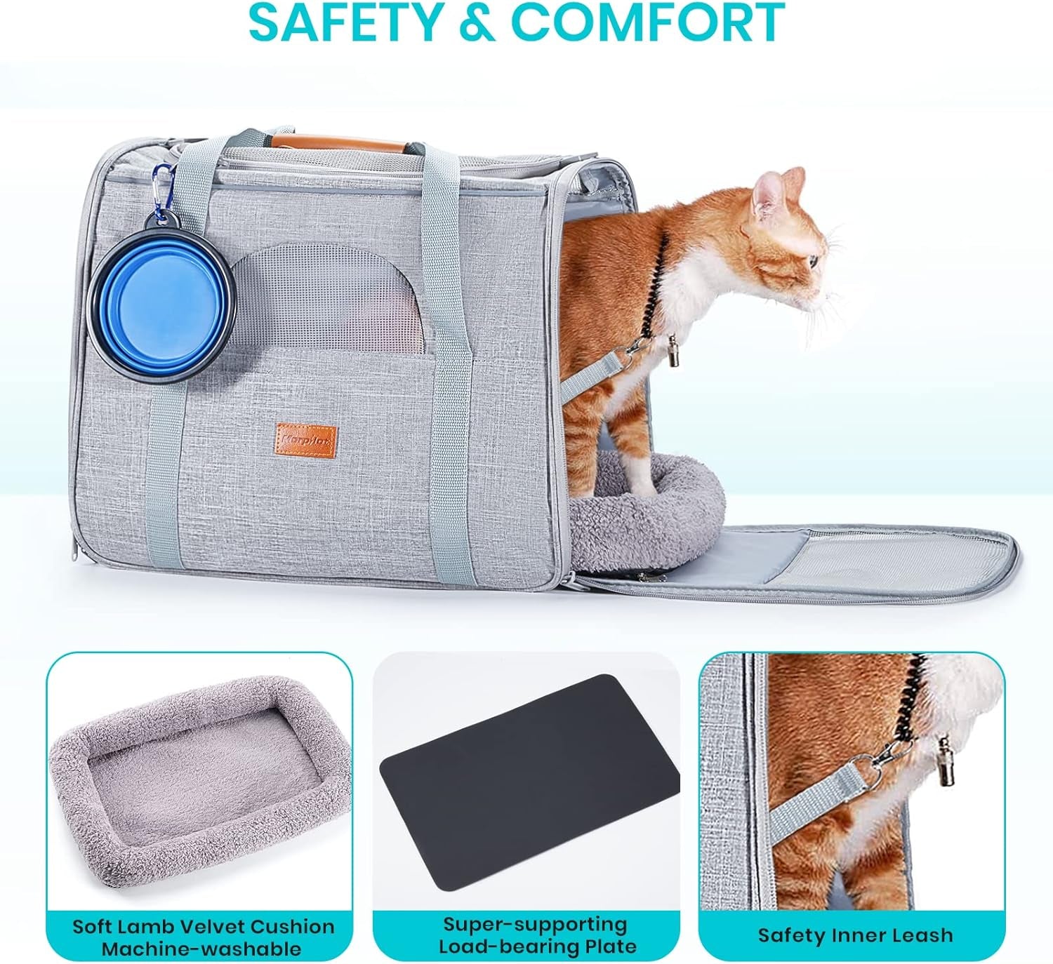 Cat Carrier, Airline Approved Pet Carrier, Portable Dog Bag Carrier, Breathable Small Pet Carrier Travel Cage with Adjustable Shoulder Strap and Pet Bowl Light Grey